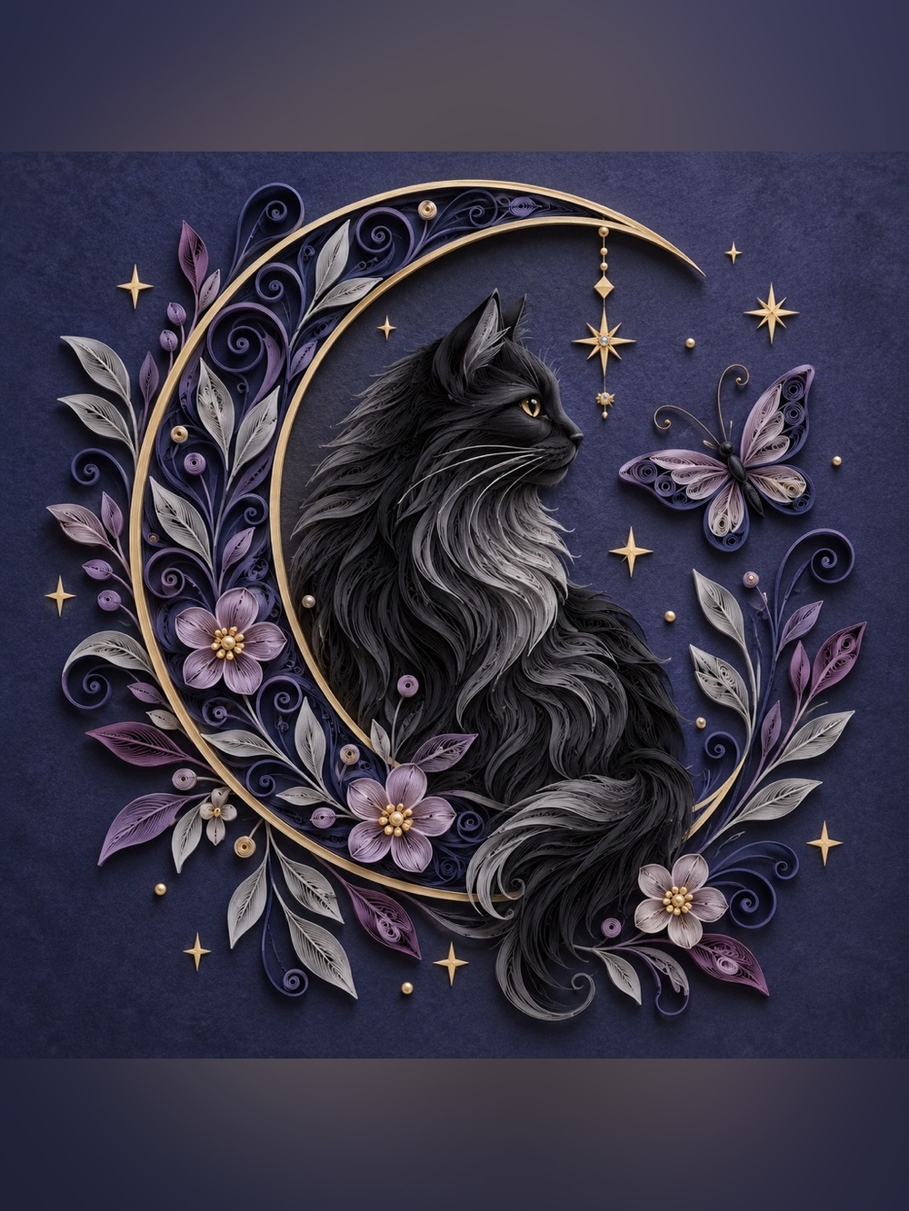 8x8 Framed Midnight Cat Moon Art Print — Black & Purple Floral Design